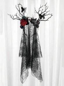 1 szt. Damska czarna opaska na głowę z motylem, różą, czaszką i korzeniem drzewa, dwuwarstwowa opaska z welonem pajęczyna, opaska na głowę z gałęzi drzewa na Halloween, opaska z ciemną różą, dodatek do kostiumu na Halloween, ozdoba na głowę na imprezę, opaska na głowę z włókna poliestrowego i welon na imprezę halloweenową, jesień/zima - Czarne - Zobacz 4