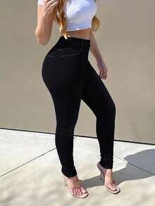 Jeans pitillo de tiro medio para mujer - Pantalones vaqueros de denim elástico con lavado clásico y ajuste ceñido