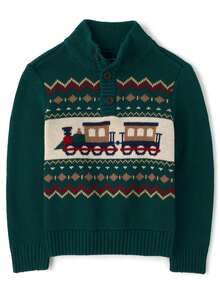 The Children's PLACE Baby And Toddler Boys Train Fairisle Mock Neck Sweater, Soft Cozy Rib-Knit Long-Sleeve Pullover With Half-Button Placket, Warm Knitwear, Cute Train Graphic Pattern, Everyday Comfortable Layer, Stylish Kids Winter Top - WHITE GREEN - View 1