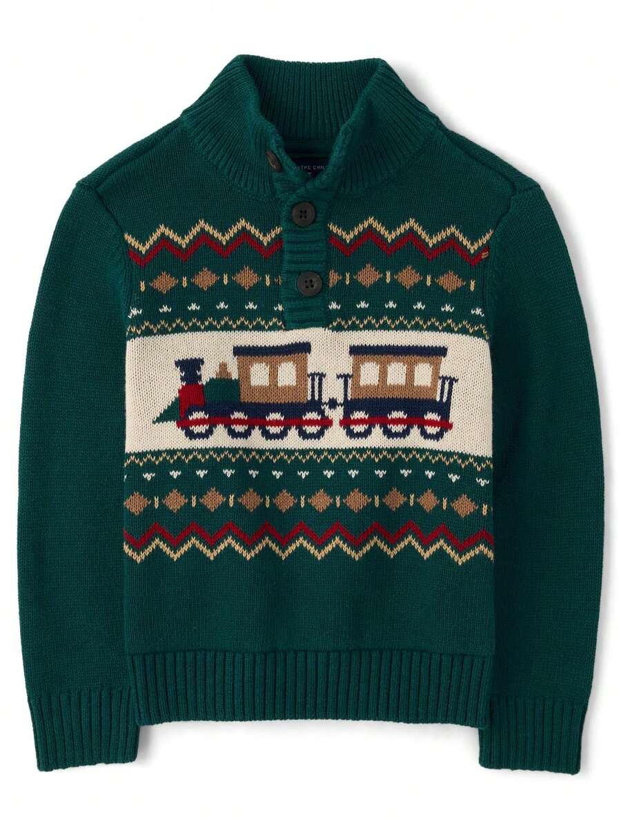 The Children's PLACE Baby And Toddler Boys Train Fairisle Mock Neck Sweater, Soft Cozy Rib-Knit Long-Sleeve Pullover With Half-Button Placket, Warm Knitwear, Cute Train Graphic Pattern, Everyday Comfortable Layer, Stylish Kids Winter Top - WHITE GREEN - View 1