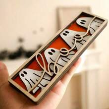 1 قطعة لافتة طاولة خشبية بشكل شبح هالوين "بو" - تمثال شبح أسود وأبيض جميل، ديكور مكتبي هالوين ريفي، ديكور صينية متدرجة مخيف للمنزل والمكتب والحفلات