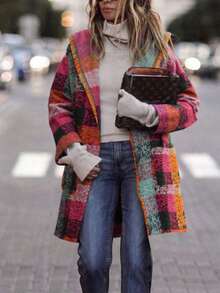 女士秋冬长袖口袋不规则格纹印花轻薄连帽开襟羊毛衫，休闲时尚街头风格纹外套 - 紫色 - 查看 9