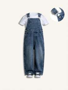 Salopette regolabile per ragazzi, in denim ampio e leggero blu chiaro, versatile per tutte le stagioni