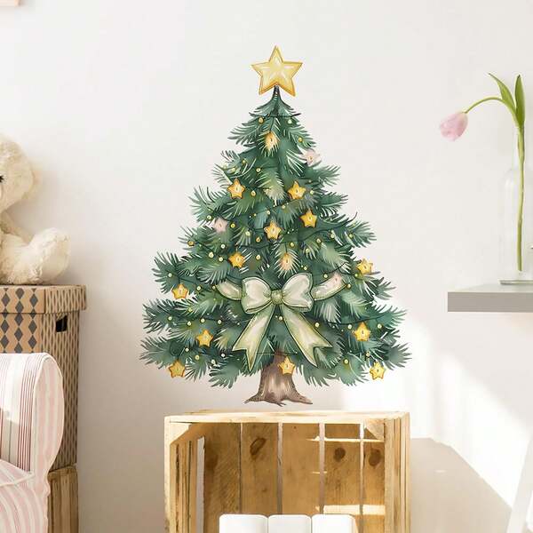 Christmas Wall Decals Winter Christmas Tree With Star Bow Wall Stickers Removable Xmas Waterproof Wall Decorations Christmas Window Clings Stickers For Kid Room Bedroom Home Christmas Party Decor Room Decor Home Decor Christmas Decorations Christmas Decoration Christmas Decorations Home
