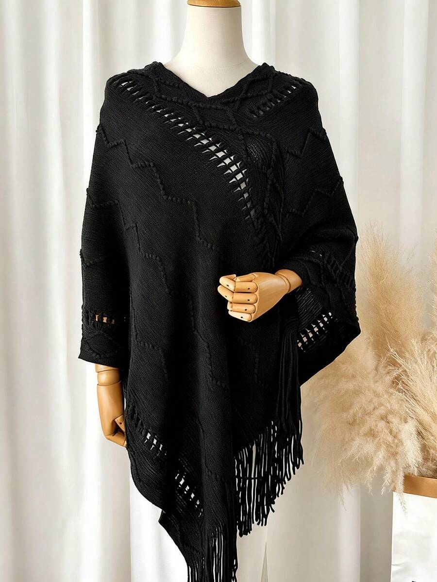 1 Áo choàng Poncho thanh lịch dành cho nữ, Khăn choàng tua rua rỗng đan màu trơn, Áo khoác ngoài ấm áp chất lượng cao, Áo len choàng đa năng mới, Thích hợp mặc hàng ngày cho váy