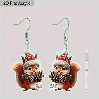 1 Pair Silver Needle 2D Flache, 1 Pair Of Christmas Gift Acrylic Women's Earrings, Cute Hat-Squirrel-Hazelnut Design Earrings, Suitable For Daily And Festive Occasions, A Perfect Gift For Friends, Family Or Mother's Day, 2D Flach