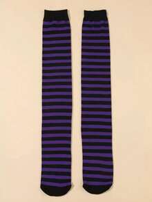 1双女士紫黑条纹过膝长袜，弹力针织长袜，适合万圣节、圣诞节、节日派对，哥特风格保暖过膝袜，舒适 - 彩色 - 查看 4