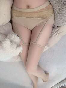 1 双女士黑色亮面蕾丝吊袜带长筒袜，亮面连裤袜，性感长筒袜，适合日常穿着 - 黑色 - 查看 9