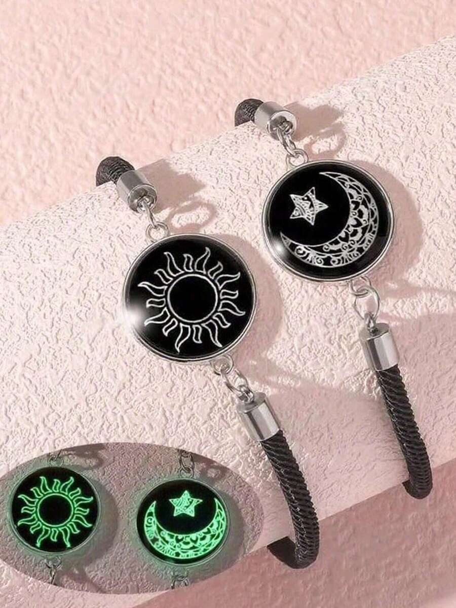 2pcs Glow-In-The-Dark Couple Bracelets, Handmade Braided Sun & Moon Design Bracelets, Lovers' Time Gemstone Braided Bracelet, Suitable As Birthday, Holiday, Valentine's Day Gift For Girlfriend, Boyfriend, Friends - Multicolor - View 1