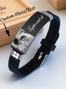 Customizable Photo And Text Bracelet, Personalized Engraved Wristband With Adjustable Black Strap, Anniversary Gift For Couples - Multicolor - View 3