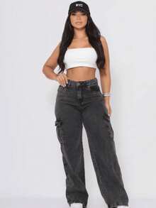 Women's Cargo Pants With Wide Leg Marbled Pockets - Marbled Cargo - View 2