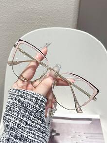 1 pieza Gafas de moda con lente transparente y diseño único de mujer con ojos de gato de metal con rhinestones - transparente - Ver 23