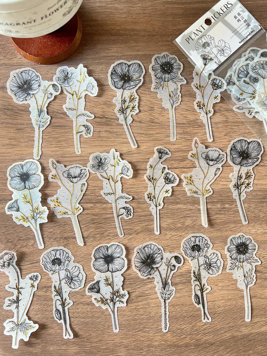 20 miếng/gói nhãn dán lá vàng chủ đề cây, nhãn dán thẩm mỹ sáng tạo cổ điển, vật liệu thủ công trang trí sổ lưu niệm tự làm, quà tặng ngày lễ, đồ dùng học tập sổ lưu niệm cá nhân hóa - Đen và trắng - Xem 1