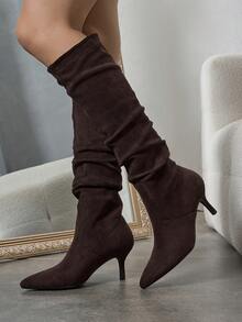 2025秋冬新款女士时尚舒适百搭纯色褶皱套脚高跟长靴，适合各种场合，猫跟靴，派对靴 - 咖啡棕 - 查看 1