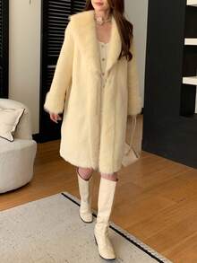 Women's Luxury Solid Color Faux Fur Long Collar Coat, An Ideal Choice For Winter - Yellow - View 3