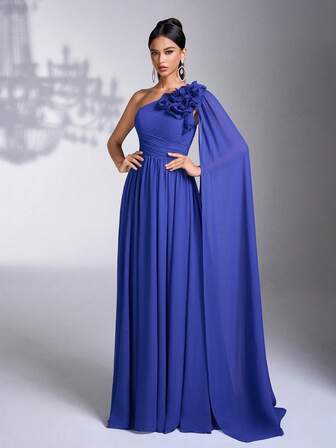 AOSHABABI 上衣绉纱雪纺长款晚礼服，不对称肩部搭配手工 3D 花卉装饰，+ 飘逸垂坠袖，高腰喇叭裙设计，适合所有正式场合、音乐节、联欢晚会、婚礼宾客、节日派对、毕业舞会、鸡尾酒会、约会、度假和伴娘礼服