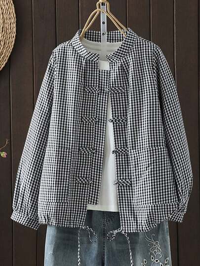 Vintage Plaid Button-Up Shirt For Women, Loose Fit, Slimming, Chinese Collar Cardigan Top, Spring/Autumn