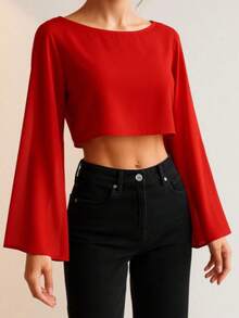 Cropped Tulle Long Sleeve Open Flowing Top - Red - View 2
