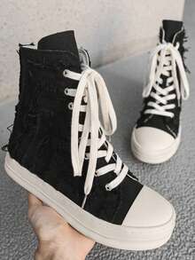 Zapatos casuales de lona de estilo personalizado de moda para hombres en otoño/invierno, botas de estilo de cremallera y flecos desgastados de suela de goma marfil de nicho de alta top