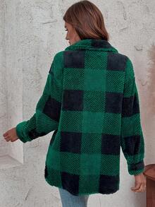 New Women's Plaid Fleece Jacket For Autumn&Winter-Versatile Button-Down Long-Sleeve Fleece Jacket, Women's Apparel - 綠色 - 查看 4