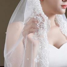 1pc Short Lace Trim Faux Pearl Decorated Bridal Veil, Elegant & Sophisticated Wedding Accessory Valentine's Day Accessories - White - View 5