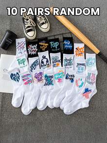 5/10 双涂鸦风格男女款中筒袜。独特时尚的街头风格袜子。适合日常穿着。秋季袜子 - 彩色 - 查看 6