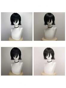 Parrucca nera da anime con frangia - resistente al calore, stile corto e dritto per cosplay e uso quotidiano
