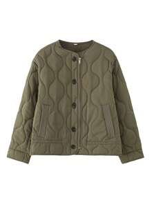 女式绿色绗缝夹棉夹克宽松休闲拉链圆领带口袋外套秋冬 - 軍綠色 - 查看 3