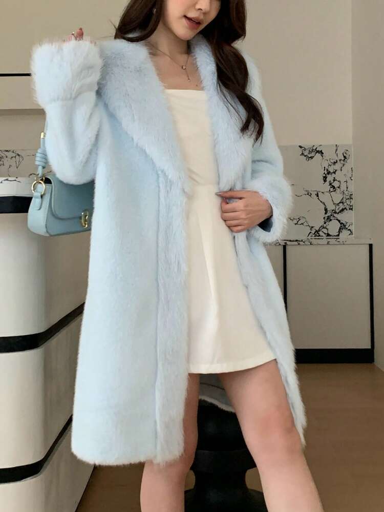 女士奢华纯色仿毛皮长领大衣，冬季理想之选 - 淺藍色 - 查看 4
