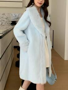 Women's Luxury Solid Color Faux Fur Long Collar Coat, An Ideal Choice For Winter - Baby Blue - View 8