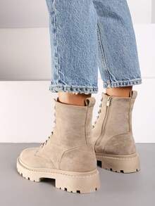 Bốt đế Chunky Lug dành cho nữ - Bốt cổ thấp ấm áp mùa đông thông thường - Màu Khaki - Xem 4