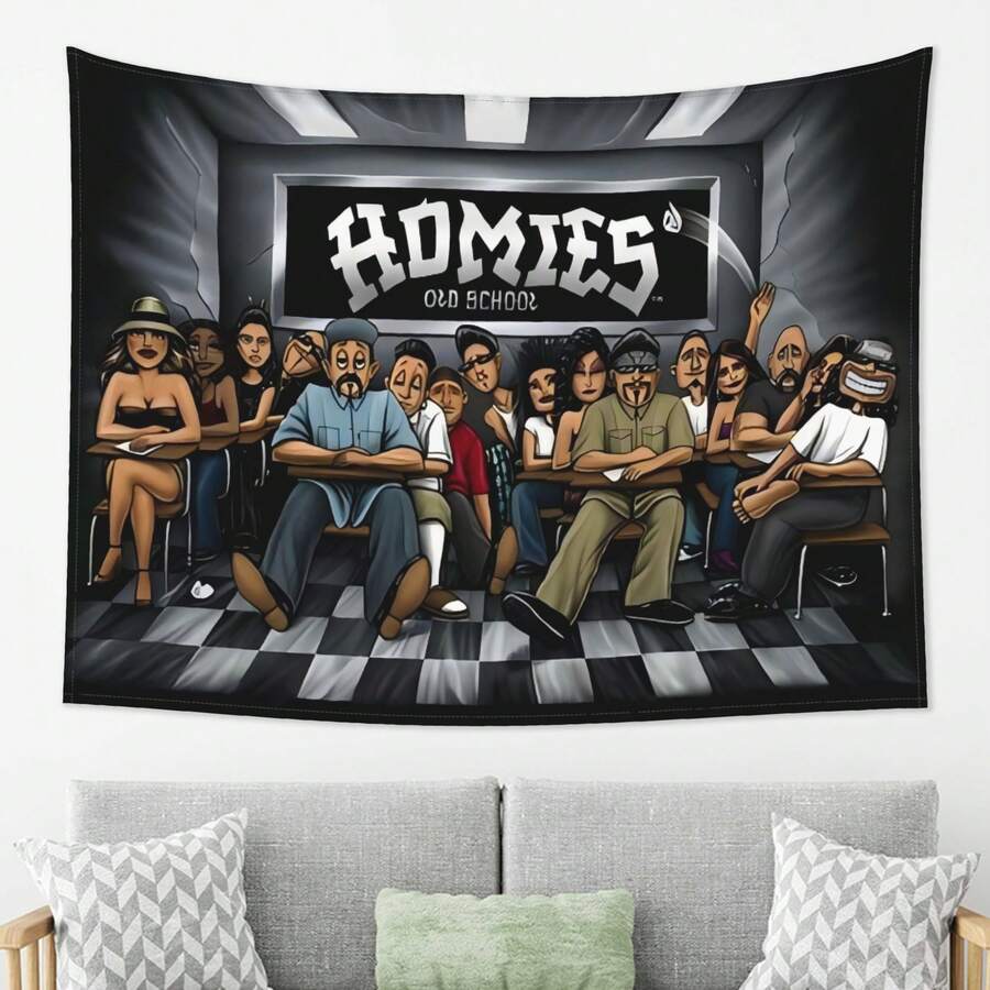 Homies In Classroom Illustration Tapestry - Vibrant Cartoon-Style Classroom Scene Wall Art, Durable Polyester Fabric For Dorm, Bedroom, Party & Team Decor - Graduation & Birthday Gift Idea, Dorm Room Decoration, Playful Design, Easy To Hang, Decorative Art, College Students, Highquality Print, Home Decorators - Màu sắc hình ảnh - Xem 1
