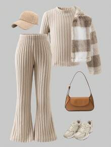 3pcs/Set Girls Solid Ribbed Fitted Set + Plaid Faux Fur Collar Jacket, Winter - Apricot - View 1