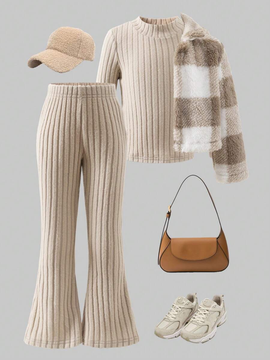 3pcs/Set Girls Solid Ribbed Fitted Set + Plaid Faux Fur Collar Jacket, Winter - Apricot - View 1