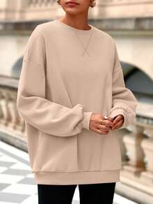 Women Crewneck Sweatshirt For Oversized Long Sleeve Pullover Tops Winter Fall Outfits   Clothing - Màu Khaki - Xem 6