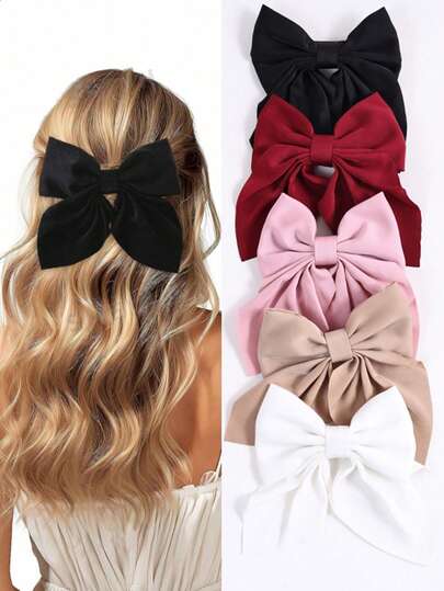 1/2/3/4/5pcs Girls Fashion Colors Short Bow Hair Clips, Soft Classic-Tailed Bow Hairpins, Vintage Metal Hair Clip Silk Headband, Elegant Hair Accessories, Great Gift For Girls