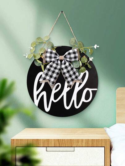 1pc Modern Rustic Wooden Round Welcome Sign, 11.8 Inch 0.2 Inch Thick Farmhouse Porch Wreath Thanksgiving Decor Front Door Hanging Plaque, Window Display Wreath, Black & White Buffalo Check Bow Eucalyptus Welcome Door Hanger