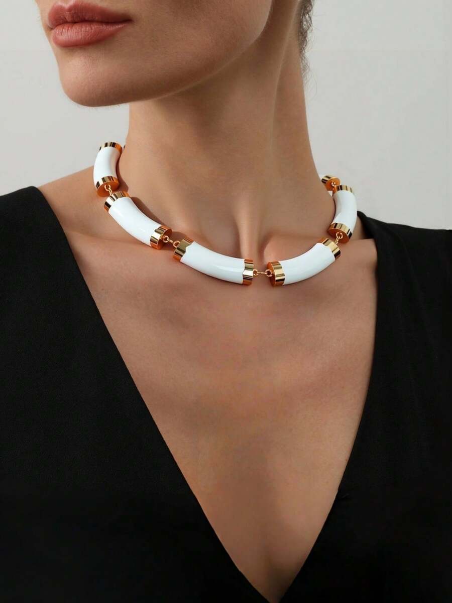 1pc Fashionable New Simple Creative Versatile Personalized Metal Cylinder Drip Oil Splice European And American Style Choker Necklace - White - View 1