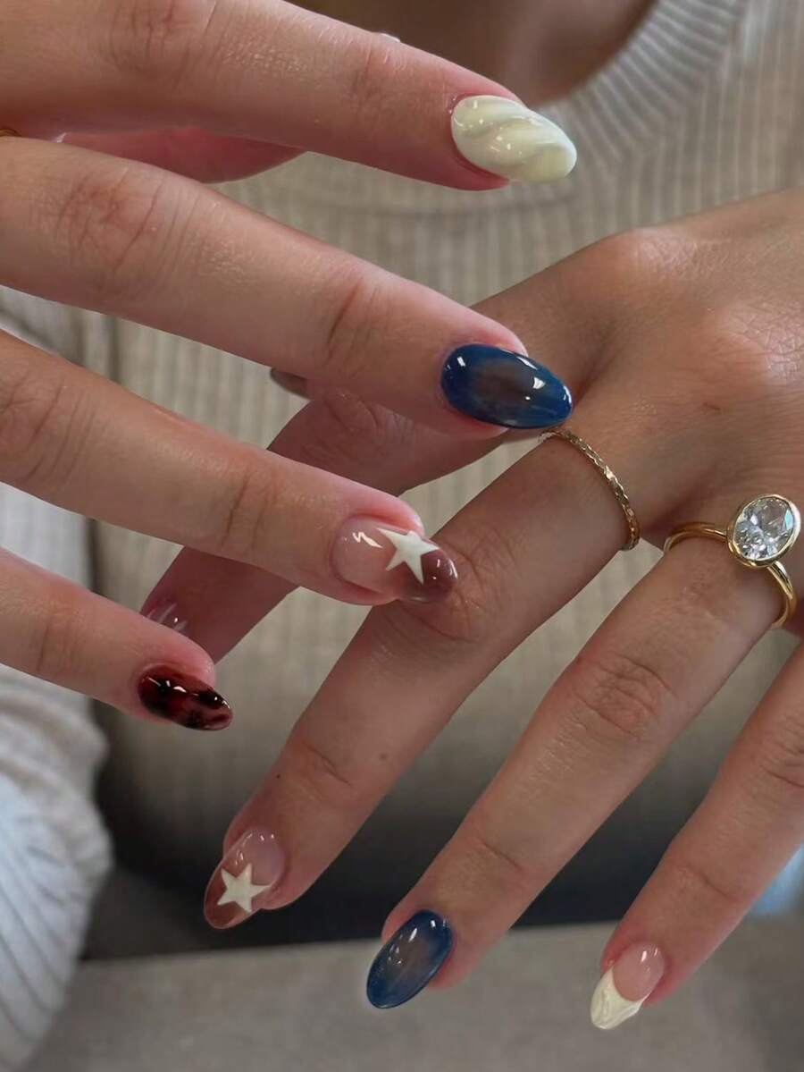 24pcs Short Oval 3D Gel Nail Stickers, Star Pattern Design, French Acrylic Press-On Nails, Short Size Perfect Fit, Set Includes: 1pc Jelly Gel And 1pc Nail File, Autumn Nail Art Makes Your Fingertips Shine Beautifully, Suitable For Parties, Dancing And Daily Wear - Multicolor - View 1