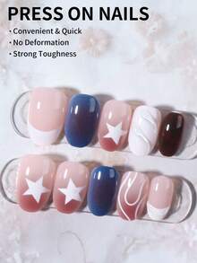 24pcs Short Oval 3D Gel Nail Stickers, Star Pattern Design, French Acrylic Press-On Nails, Short Size Perfect Fit, Set Includes: 1pc Jelly Gel And 1pc Nail File, Autumn Nail Art Makes Your Fingertips Shine Beautifully, Suitable For Parties, Dancing And Daily Wear - Multicolor - View 2