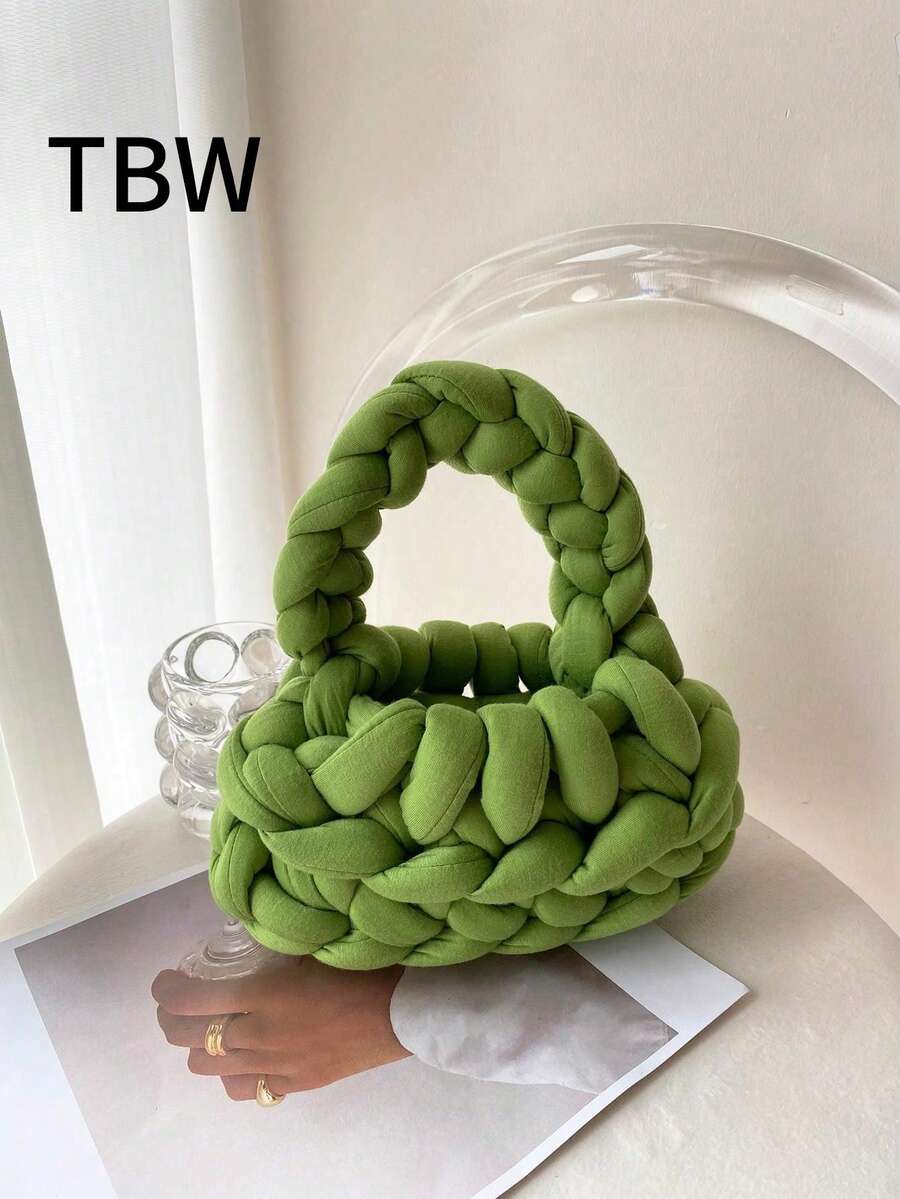 Borsa da donna, gancio e intreccio, colore unito, fatta a mano, design traforato, alla moda e minimalista, adatta per uscite e shopping.