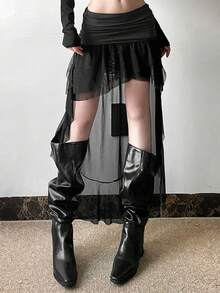 Váy ngắn xếp lớp lưới mỏng nhẹ Top Dazzle, màu đen trơn - màu đen - Xem 3