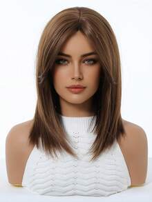 五星推荐 14 英寸优雅中长棕色直发假发，带刘海 - 玫瑰网帽，耐热合成纤维，女士假发，适合日常、派对、角色扮演、万圣节和其他场合 - 棕色 - 查看 5