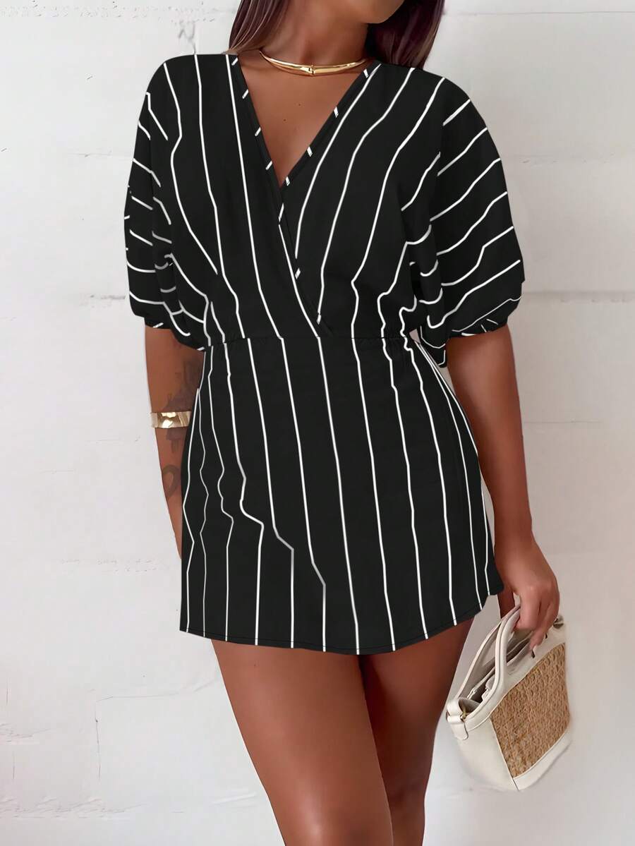 女式夏季纯色休闲V领中袖宽松优雅连衣裙 - 黑色 - 查看 1