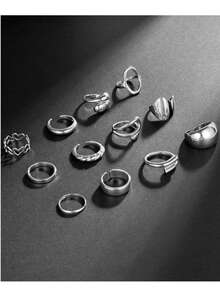 12 PCS Multi-Piece Fashion Versatile Silver & Gold-Toned Geometric, Heart & Twisted Detail Ring Set - Stackable Styles For Daily & Occasion