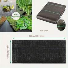 1 bucată de material textil țesut rezistent, conceput pentru grădinărit și amenajarea peisagistică. 300 cm * 100 cm este materialul ideal pentru acoperirea solului pentru straturi de flori, grădini de legume, straturi de plante înălțate, alei, terase și zone cu gazon. Suprimă eficient buruienile și promovează un sol sănătos: Materialul textil negru blochează perfect lumina soarelui pentru a inhiba complet creșterea.