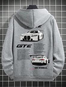 Zrgoth 赛车爱好者必备！男士休闲赛车文化元素印花连帽衫，秋冬必备 - 灰色 - 查看 4