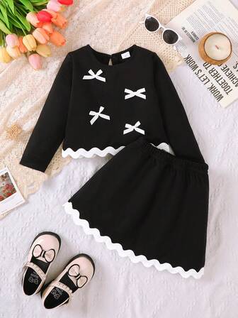 2pcs Girls Autumn/Winter Long Sleeve White Ribbon Contrast Color Pullover Sweater & Matching Skirt Set, Suitable For Daily Wear, Outdoor Activities, Holiday Parties, Ages 4-7, Elegant Style