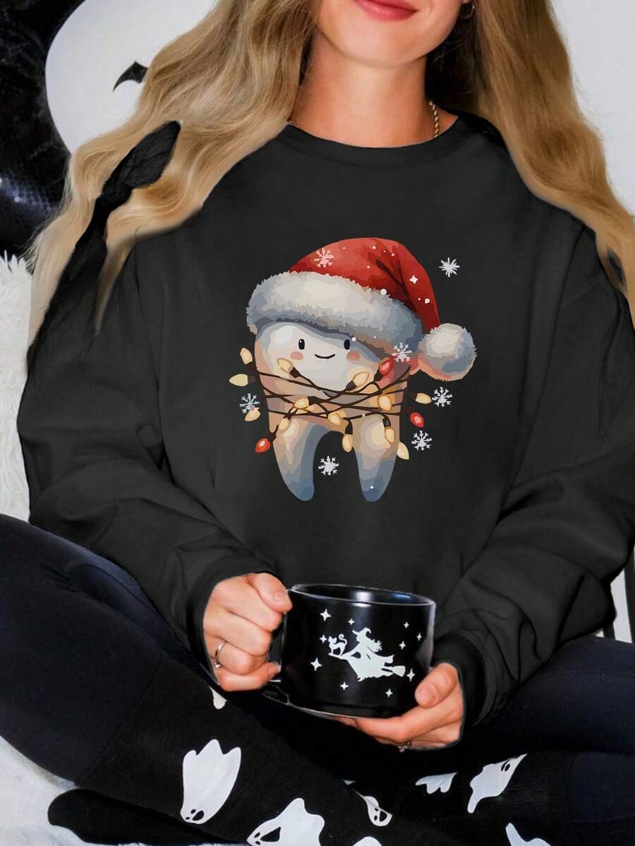 Women'S Christmas Sweatshirt With Santa Hat And Tooth Print, Casual Crew Neck Long Sleeve Pullover, 100% Polyester Knit Fabric, All Season Holiday Top - 淺灰色 - 查看 1