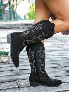 女式西部牛仔靴 - 黑色过膝宽筒牛仔靴，经典刺绣，一脚蹬尖头粗跟时尚复古经典高筒靴，适合秋冬季女孩和女士 - 黑色 - 查看 3